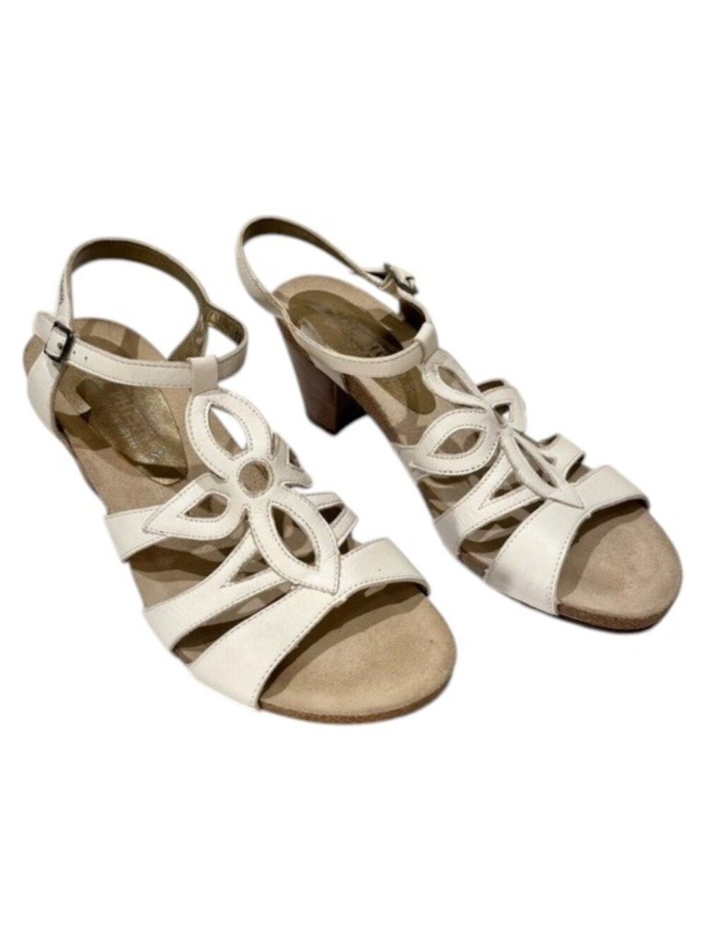 Mephisto White Leather Floral Cutout Block Heel Sandals - Picture 4 of 12
